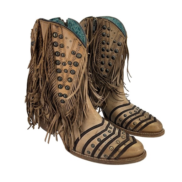 Corral Shoes - Corral Boots Womens Size 10 Tan Fringe Studded Western Cowgirl Zip Boho Ankle